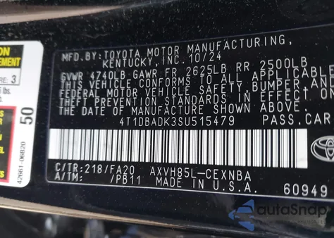 2025 Toyota Camry Le from USA, damaged, VIN 4T1DBADK3SU515479